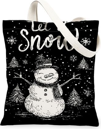 Generic Winter Snow Man Canvas Tote Bags, Holiday Pattern Reusable Grocery Bags, Vintage Lightweight Washable Shoulder Strap Canvas, Black, 13x15 Inch
