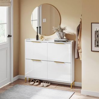 SoBuy Slim Shoe Cabinet - Gloss White & Gold Handles - Nordic