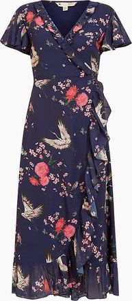Yumi Womens Crane Print V-Neck Midi Wrap Dress - Navy - Size: 10
