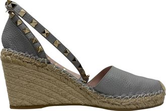 Valentino Pre-owned Womens Rockstud Ankle Strap Espadrille Wedge Pumps in Grey Leather Calf Leather - Size EU 40