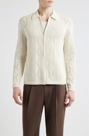 Open Edit Cotton Pointelle Zip Cardigan in Ivory Egret at Nordstrom, Size Xx-Large