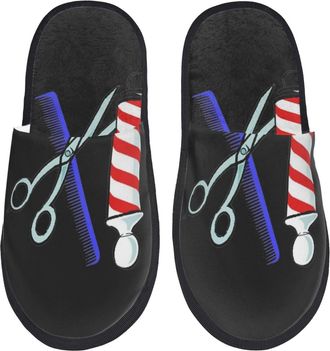 Generic House Slippers Barbershop Pattern Portable Fuzzy Slippers Lightweight House Shoes For Hotel Men Bedroom L