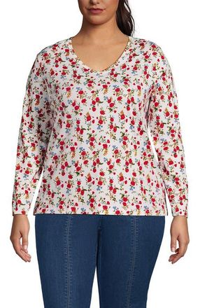 Lands End Supima Cotton Long Sleeve V-Neck T-Shirt in Ivory Mini Poppy Floral at Nordstrom, Size 3X