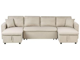 Beliani Sof&aacute; cama con forma de u 5 plazas con almacenaje tela beige
