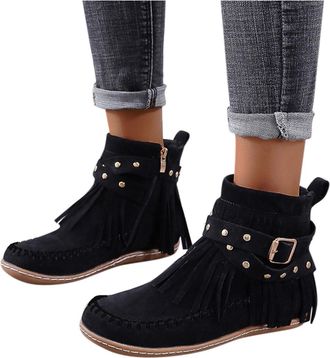 Generic 2026 Retro Ankle Boots Round Toe Zip Up Flat Heel Fringe Detail Casual Slip On Booties (Black, 3.5)