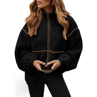 Generic Fleece Jacket Women Sherpa Oversized Zip Up Winter Jackets, Stand Collar Long Sleeve Lightweight Warm Coat (Black,XL)