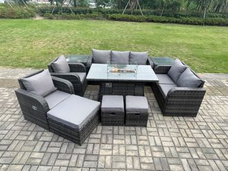 Fimous PE Wicker Outdoor Rattan Garden Furniture Set Propane Gas Fire Pit Table & Sofa Chair set with 3 Footstools 2 Side Tables in Dark Grey