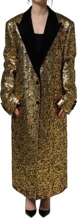Dolce & Gabbana Womens Gold Floral Jacquard Wool Trench Coat Jacket Clothing