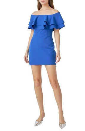 endless rose Ruffle Off the Shoulder Minidress in Blue at Nordstrom, Size Small