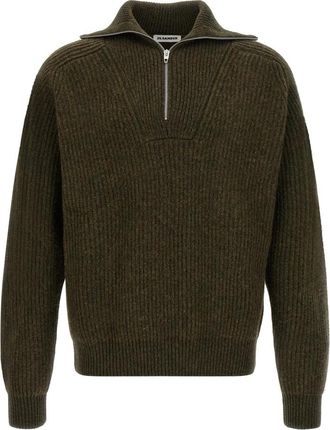 Jil Sander Ribbed Half-Zip Sweater - Heren - V-hals truien - Groen - XL - Wol - Truien & Vesten