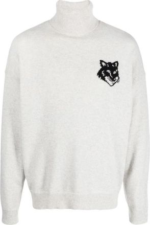 Maison Kitsun&eacute; Fox Head Intarsia Logo Turtleneck Sweater - Heren - Coltruien - Grijs - L - Wol - Truien & Vesten