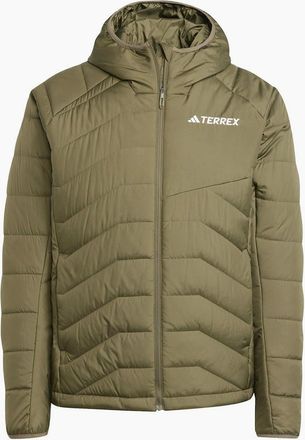 adidas Mens Hooded Adjustable Drawstring Zipped Pocket Solid Patterned Puffer Jacket - Green - Size: 40/Regular