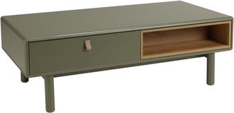 Macabane Mesa de centro verde con 2 cajones y 2 nichos de madera natural