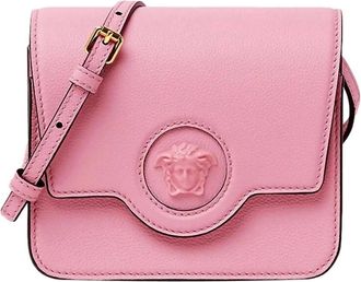 Versace Womens La Medusa Logo Plaque Pebbled Leather Crossbody Bag In Pink