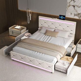 OEM Cama Adulta 140x190 Cm, Cama Cofre 4 Cajones Y Led, Somier De Lamas, Doble 2 Usb, Respaldo De Terciopelo Blanco Roto - Dise&ntilde;o Moderno Y Lujo