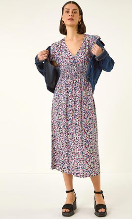 Roman Abstract Print Shirred Midi Dress