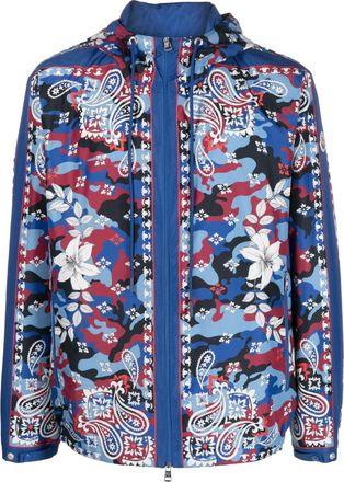 Moncler mix-print hooded jacket - men - Polyester/Polyester - 3 - Blue