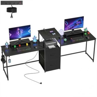 HOMCOM Homcom Mesa Gaming Doble, Mesa Gamer Con Estaci&oacute;n De Carga, Puertos Usb, Soportes Para Monitor, Cajones De Tela Y Ganchos Para Auriculares, Negro