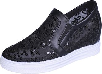 Generic Womens Platform Sneakers Slip on Wedge Shoes Lace Sequins Mesh Loafers Flower Embroidered Walking Shoes Comfortable Lightweight Wedges Black