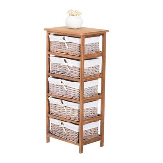 HOMCOM 5-Drawers Storage Unit Wooden Frame with Wicker Woven Baskets Household Cabinet Chest - Home Living | TJ Hughes