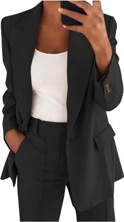 Generic 2 Piece Outfits Ladies Elegant Work Wedding Suit Button Dressy Blazer Jacket and Straight Leg Trousers Set Spring Summer Women Suit for Business Work 