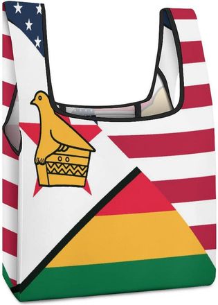 Generic U.S. And Zimbabwe Flag Reusable Shopping Bags Lightweight Foldable Grocery Bag Polyester Washable Tote Bag