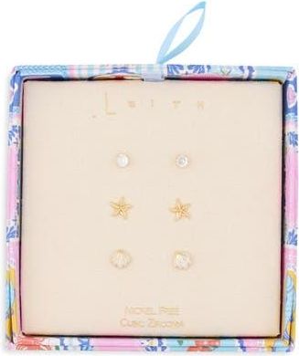 Leith Set of 3 Cubic Zirconia Seaside Stud Earrings in Clear- Gold at Nordstrom Rack