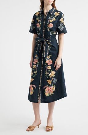 Farm Rio Maira Floral Belted Midi Shirtdress in Maira Floral Dark Blue at Nordstrom, Size Xx-Small