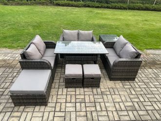 Fimous 9 Seater Outdoor Rattan Garden Furniture Set with Patio Rectangular Dining Table Love Sofa Side Table 3 Footstools Dark Grey Mixed
