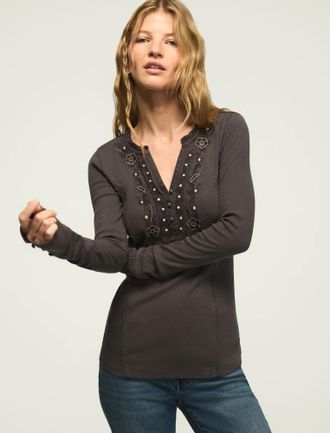 Lucky Brand Womens Embroidered V Neck Henley
