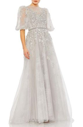 Mac Duggal Embellished Puff Sleeve A Line Gown in Platinum at Nordstrom, Size 16