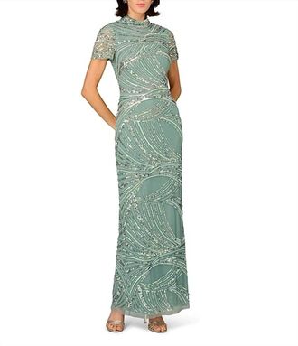 Aidan Mattox Beaded Mesh Short Sleeve Column Long Gown In Green Slate