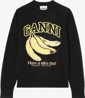 Ganni Black Sweater with Banana - Size XXS Wool