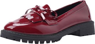Generic Loafers for Women Chunky Heel Tassel Bow Leather Loafer Fashionable Shallow Mouth Thick Soled Womens Shoes Business Casual Work Shoe (Red, 4.5)