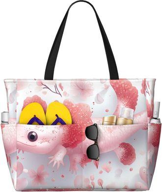 Generic Cute Axolotl Print Large Beach Bag Foldable Travel Shoulder Tote Bag With Pocket For Weekender Pool Vacation