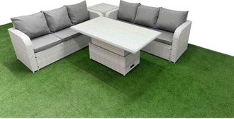 Fimous Fimous Outdoor Garden Furniture Sets 6 Seater Wicker Rattan Furniture Sofa Sets with Adjustable Lifting Dining or Coffee Table high Back Lounge Sofa