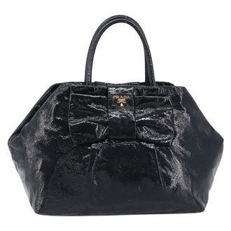 Prada Bow Top Handle Patent Leather Black Patent_Leather Handbag (Pre-Owned)