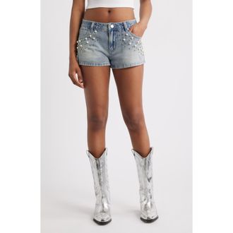 PTCL Ruby Imitation Pearl & Rhinestone Detail Denim Shorts in Light Wash at Nordstrom Rack, Size 29