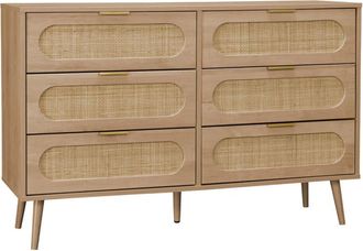 Sweeek Cómoda de madera y caña redondeada, 6 cajones, natural