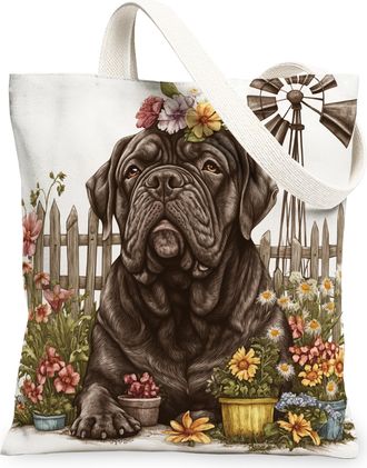 Generic Spring Mastiff Dog Canvas Tote Bag for Shopping 13x15, Farmhouse Country Puppy Reusable Grocery Print Bag for Women, Farm Pet Beach Aesthetic Painting