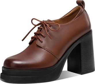 Generic Womens Platform Lace Up Leather Pumps Round Toe Chunky Block Heels Slip On Durable Non-Slip Outsole Casual Office Work Evening Party Shoes,Brown,4.5 U