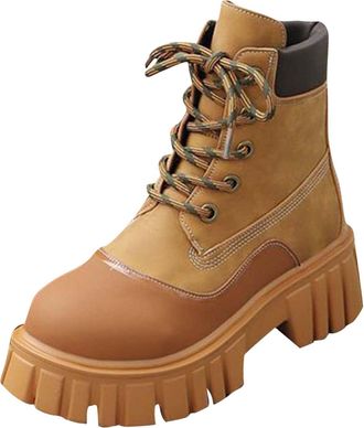 Generic Brown Womens Practical Lace-Up Boots, Mid-Heel and Platform Design, Mid-Calf Boots for Comfort