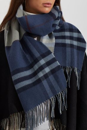 Burberry Checked Cashmere Scarf, Unisex, Navy Blue