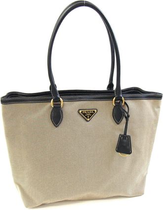 Prada Beige Brown Black Canvas Leather Tote Bag (Pre-Owned)