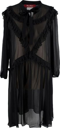 Max Mara Black Sheer Ruffled Silk Midi Dress Size L