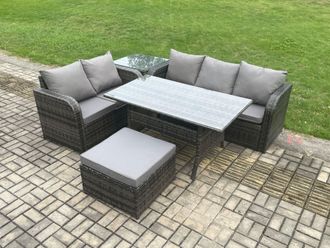 Fimous Outdoor Garden Patio Furniture Wicker Rattan Oblong Rectangular Dining Table & Lounge Sofa set with Side Table Big Footstool in Dark Grey