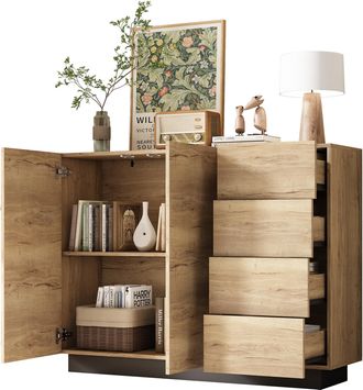 STILVORA Aparador Con 2 Puertas Y 4 Cajones, Apertura A Presi&oacute;n, Estilo Moderno, En Tablero De Part&iacute;culas, 120&times;35,5&times;90,5 Cm, Negro Y Natural