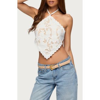 Edikted Handkerchief Lace Open Back Halter Top in White at Nordstrom, Size X-Small