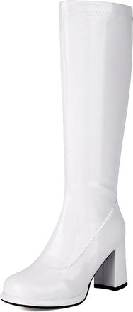 Generic Womens Patent Leather Knee High Boots Square Toe Long Boots with Side Zipper Block High Heel Platform Knight Boot,White,5.5 UK
