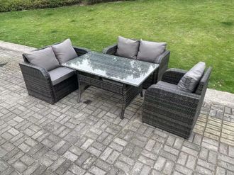 Fimous Rattan Garden Furniture Set Reclining Chair Love Sofa 2 Seater Sofa Set Outdoor Rectangular Dining Table 5 Seater in Dark Grey